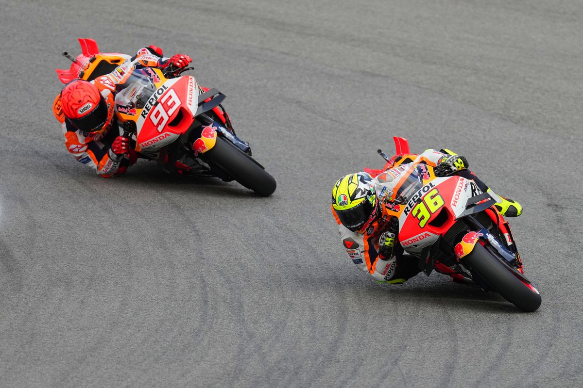 Joan Mir had a few problems on his first outing as the team-mate of Marc Marquez (following).