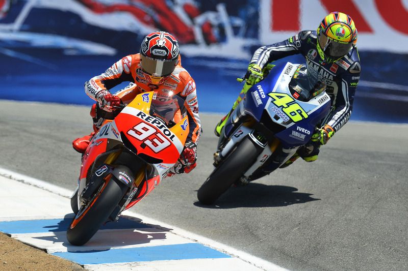 Marquez 'pulls a Rossi' and overtakes the Yamaha rider at the Corkscrew in 2013 in a manner reminiscent of Rossi on Stoner in 2008 