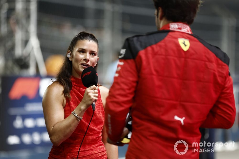 Danica Patrick, Sky Sports F1, interviews pole man Carlos Sainz, Scuderia Ferrari, after Qualifying