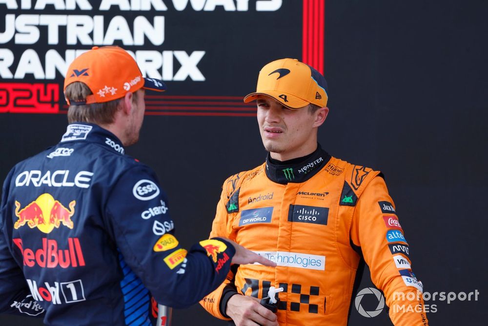 Pole man Max Verstappen, Red Bull Racing, Lando Norris, McLaren F1 Team, talk in Parc Ferme