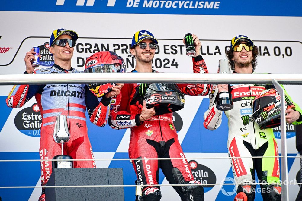 Francesco Bagnaia, Ducati Team, Marc Marquez, Gresini Racing, Marco Bezzecchi, VR46 Racing Team podium race