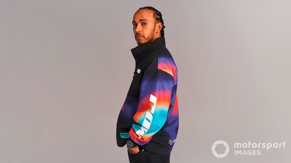 Lewis Hamilton in the collection's Woven Jacket