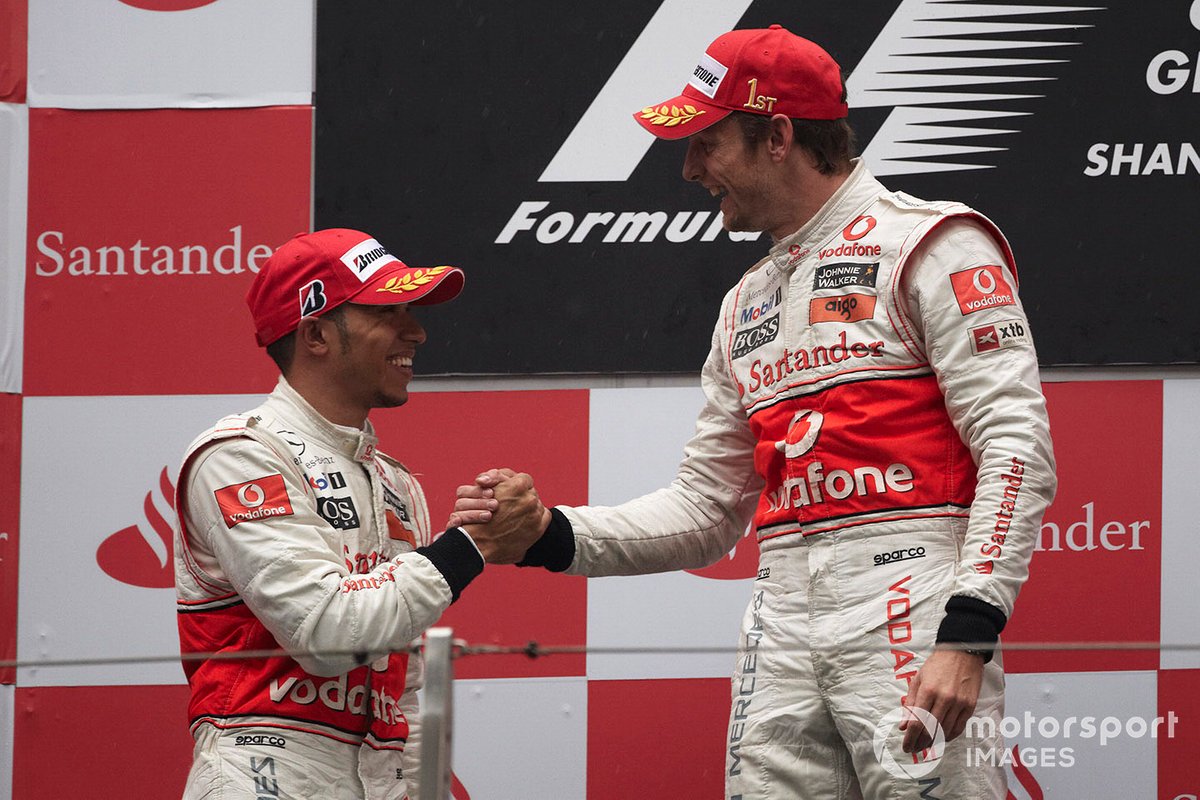 Podium: race winner Jenson Button, McLaren, second place Lewis Hamilton, McLaren