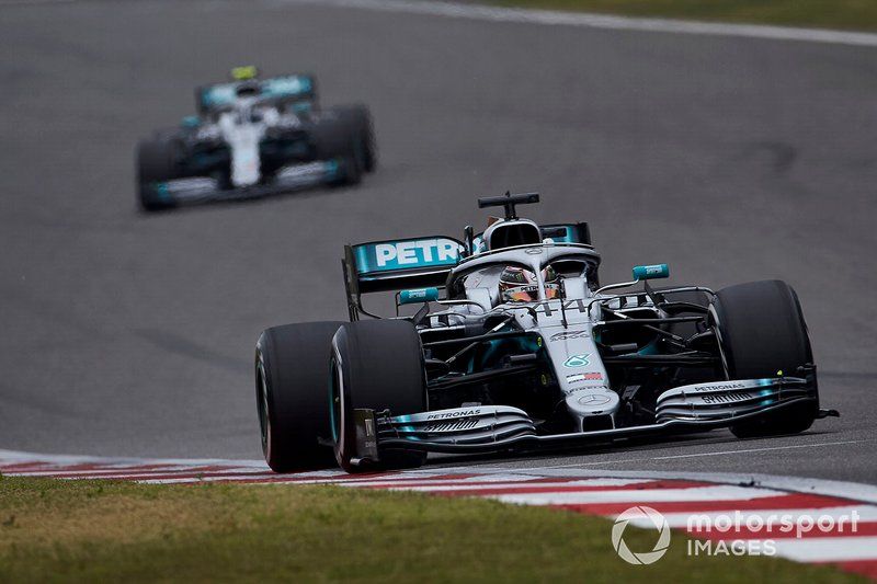 Lewis Hamilton, Mercedes AMG F1 W10, leads Valtteri Bottas, Mercedes AMG W10