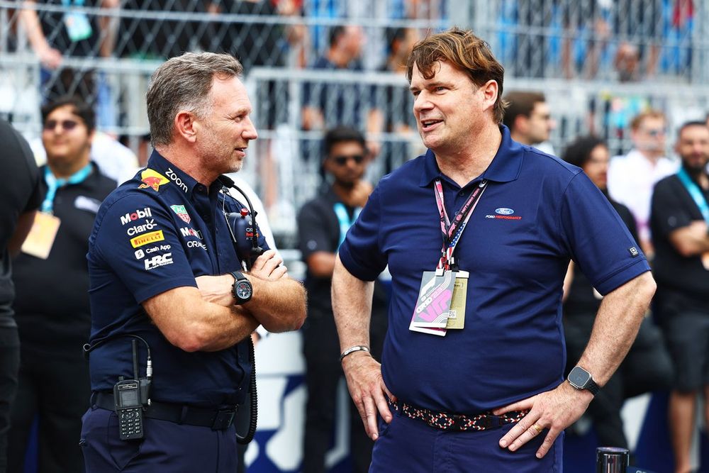 Red Bull Racing Team Principal Christian Horner talks with Jim Farley, CEO of Ford