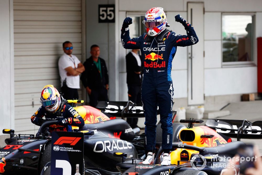 Max Verstappen, Red Bull Racing, 1st position, celebrates in Parc Ferme 