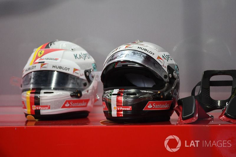 Sebastian Vettel, Ferrari helmet and HANS device