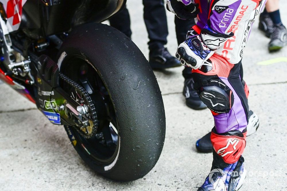 Jorge Martin, Pramac Racing, looking at his rear tyre after the race