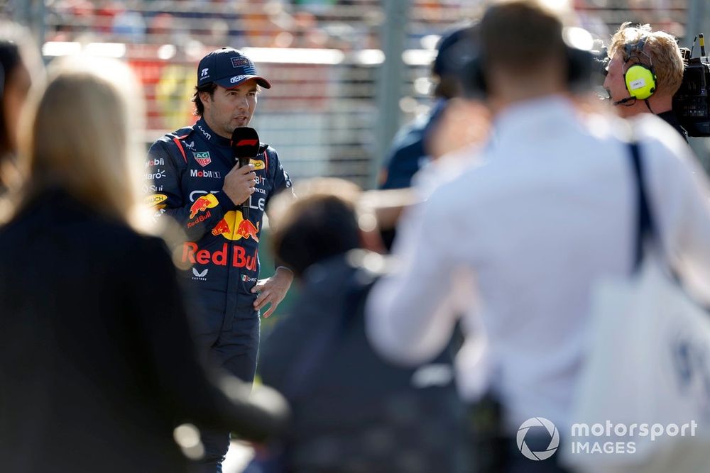 Sergio Perez, Red Bull Racing, gets interview in Parc Ferme after Qualifying 