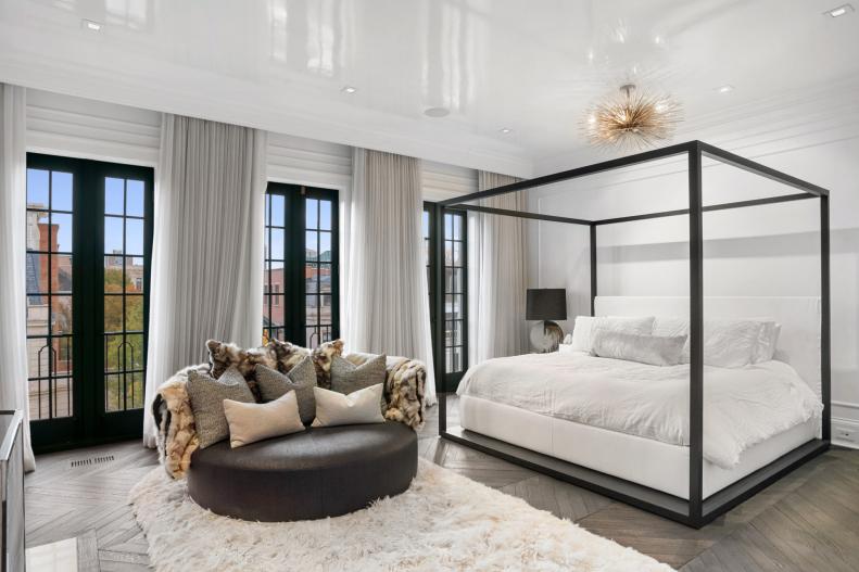 Modern Chandelier, Spacious Bedroom, Four Post Bed, Wall of Windows