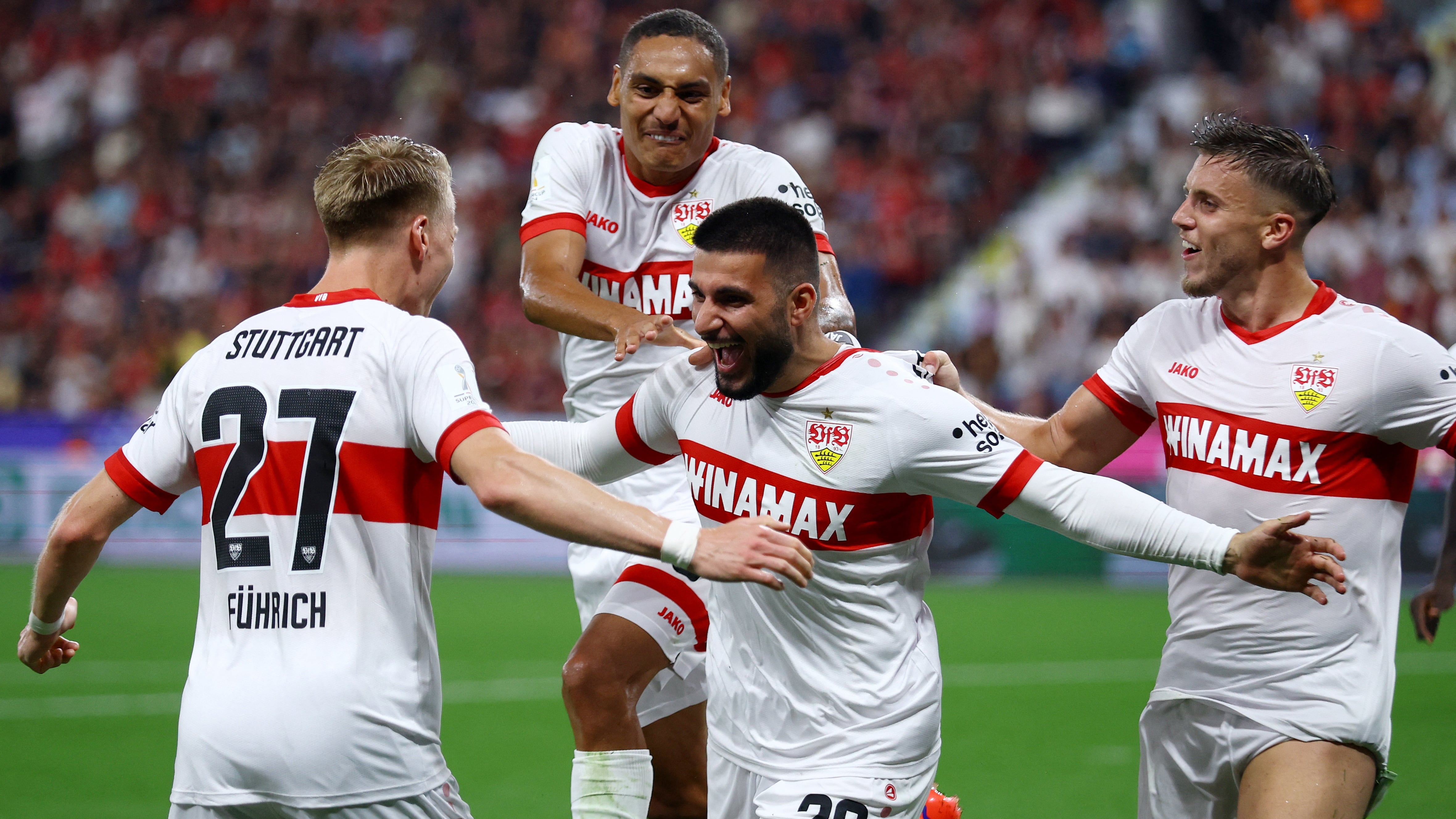 Soccer Football - DFL Supercup - Bayer Leverkusen v VfB Stuttgart - BayArena, Leverkusen, Germany - August 17, 2024  VfB Stuttgart's Deniz Undav celebrates scoring their second goal with teammates REUTERS/Thilo Schmuelgen DFL REGULATIONS PROHIBIT ANY USE OF PHOTOGRAPHS AS IMAGE SEQUENCES AND/OR QUASI-VIDEO.