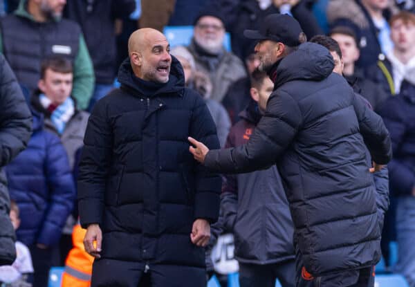 MANCHESTER, ENGLAND - Saturday, November 25, 2023: Manchester City's manager Josep 'Pep' Guardiola speaks with Liverpool's manager Jürgen Klopp after the FA Premier League match between Manchester City FC and Liverpool FC at the City of Manchester Stadium. (Photo by David Rawcliffe/Propaganda)